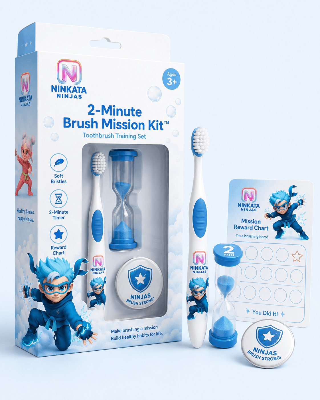 2-Minute Brush Mission Kit — toothbrush, timer, reward chart, and badge