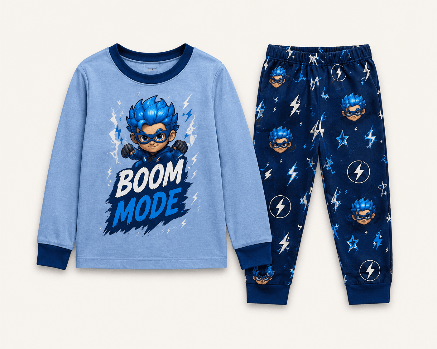 Kai pajama set with a light blue Boom Mode top and navy pants printed with lightning bolts