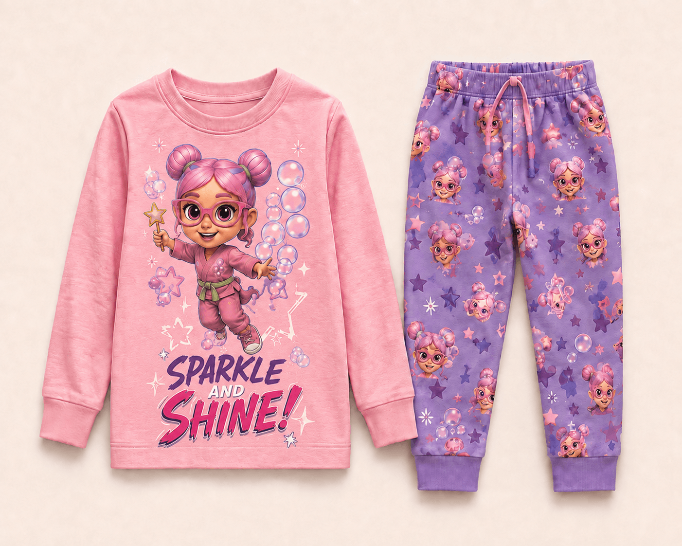 Nova pajama set with a pink Sparkle and Shine top and purple pants printed with stars and bubbles