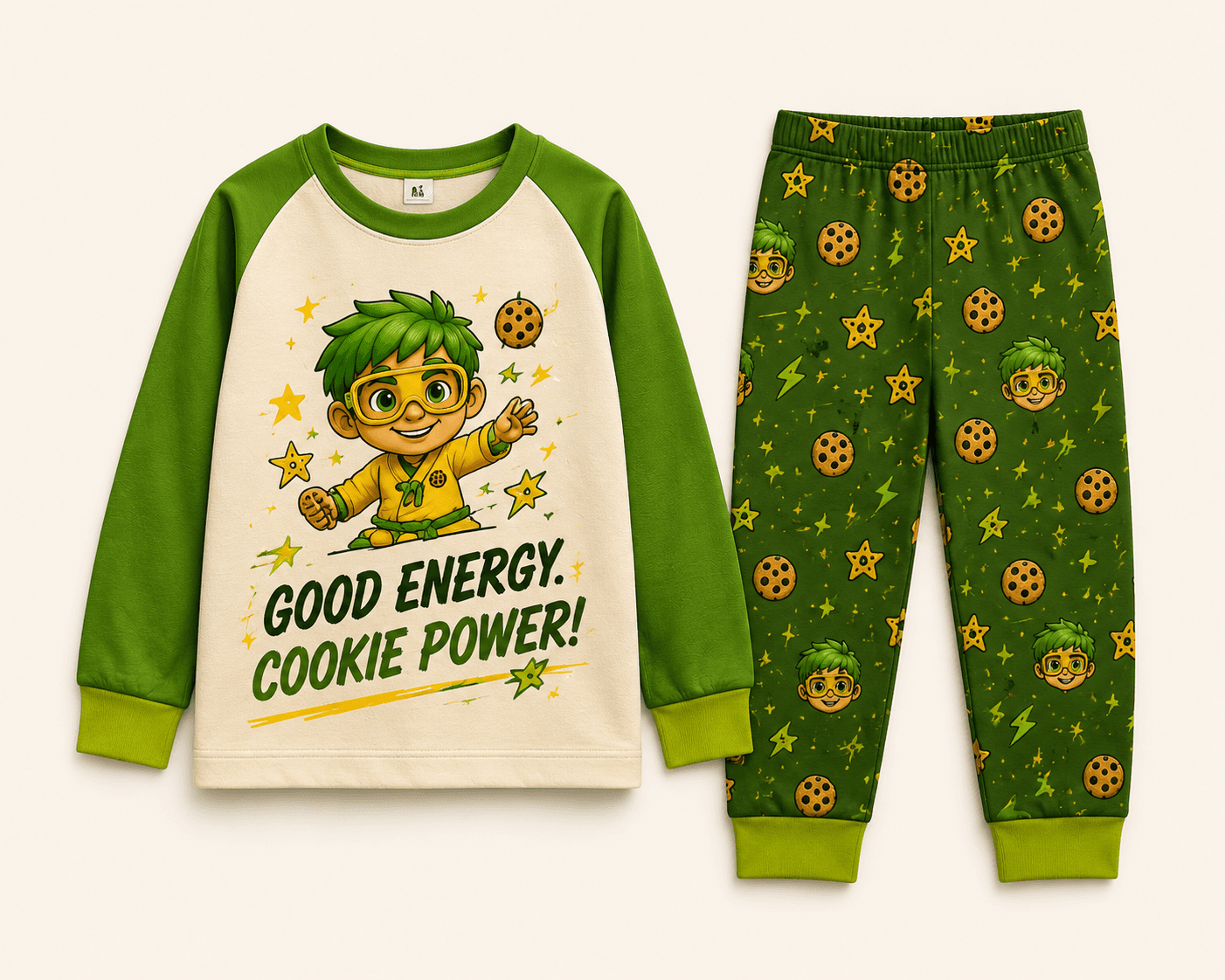 Zen pajama set with a green raglan Good Energy Cookie Power top and green pants printed with cookies and stars