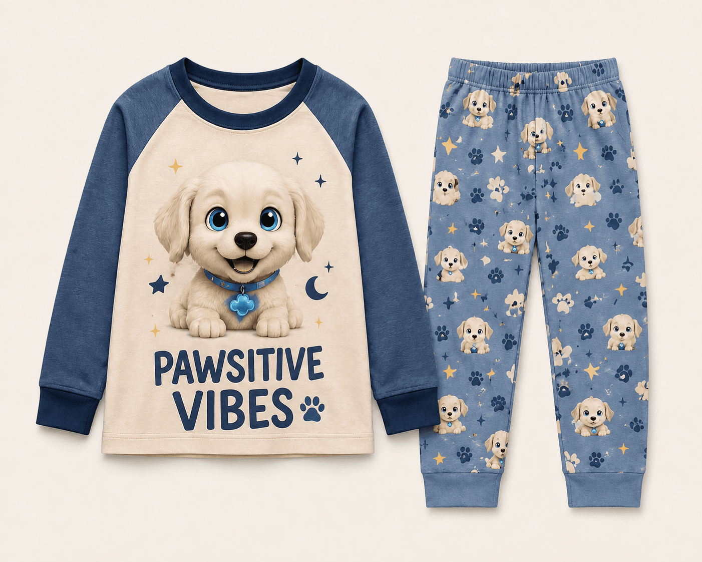 Shadow pajama set with a navy raglan Pawsitive Vibes top and blue pants printed with puppies and paw prints