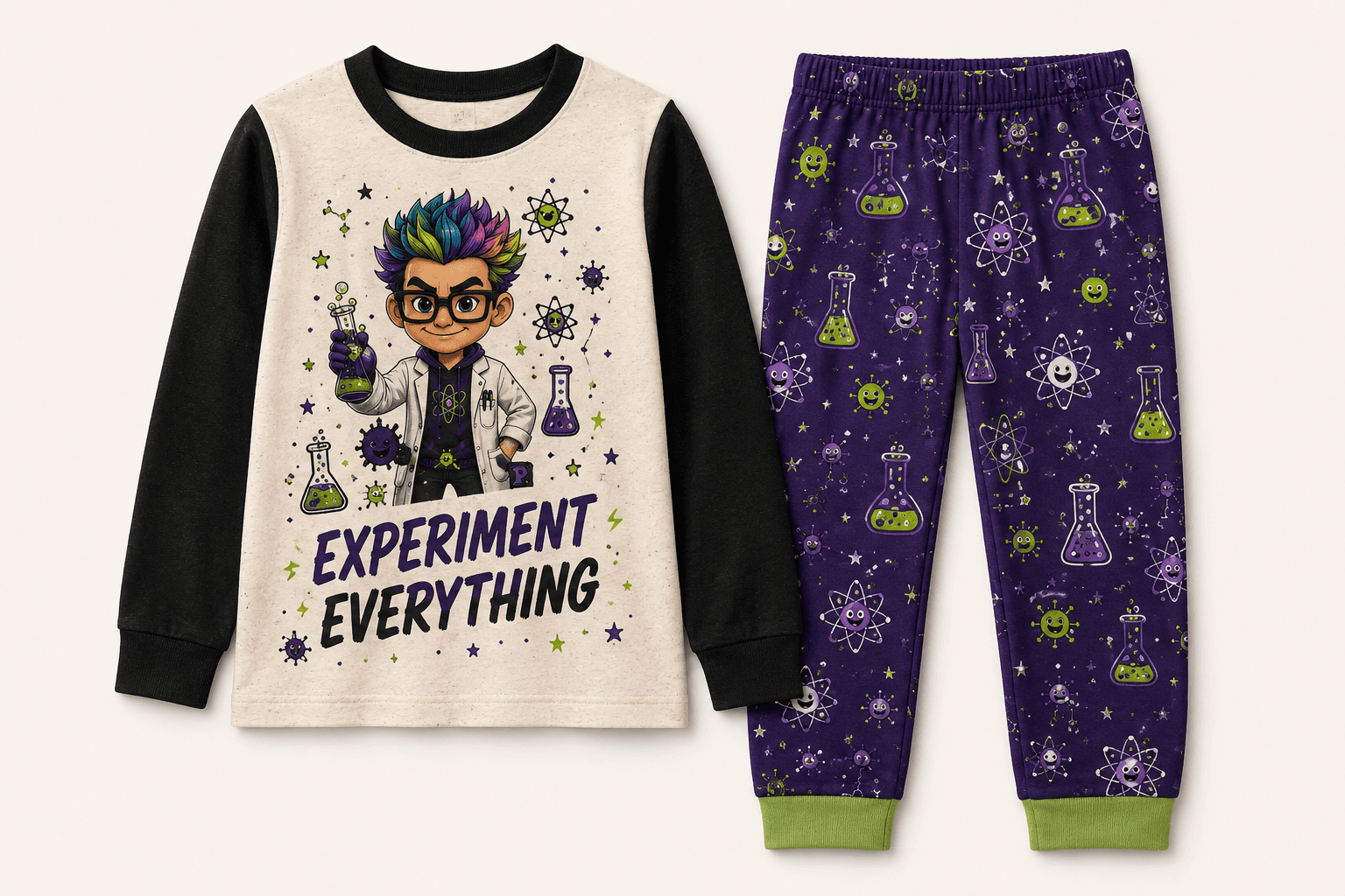 Petri pajama set with a black raglan Experiment Everything top and purple pants printed with flasks and atoms