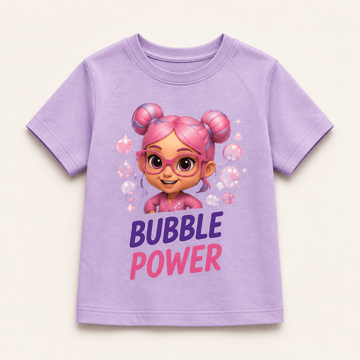 Lavender kids tee with Nova and a Bubble Power slogan