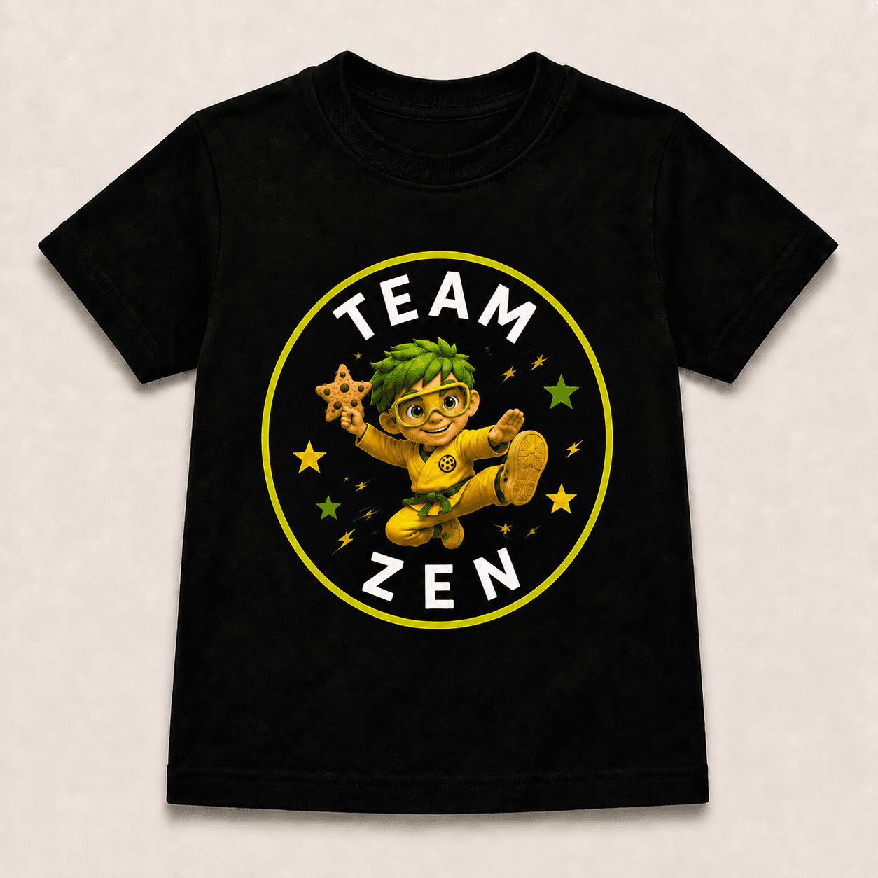 Black kids tee with a circular Team Zen badge graphic