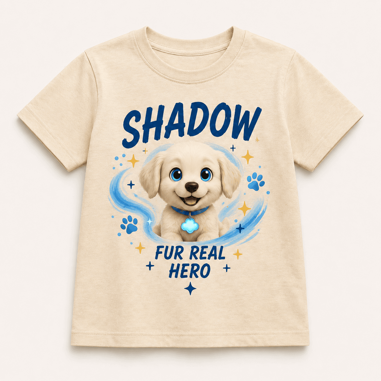 Cream kids tee with Shadow the puppy and a Fur Real Hero slogan