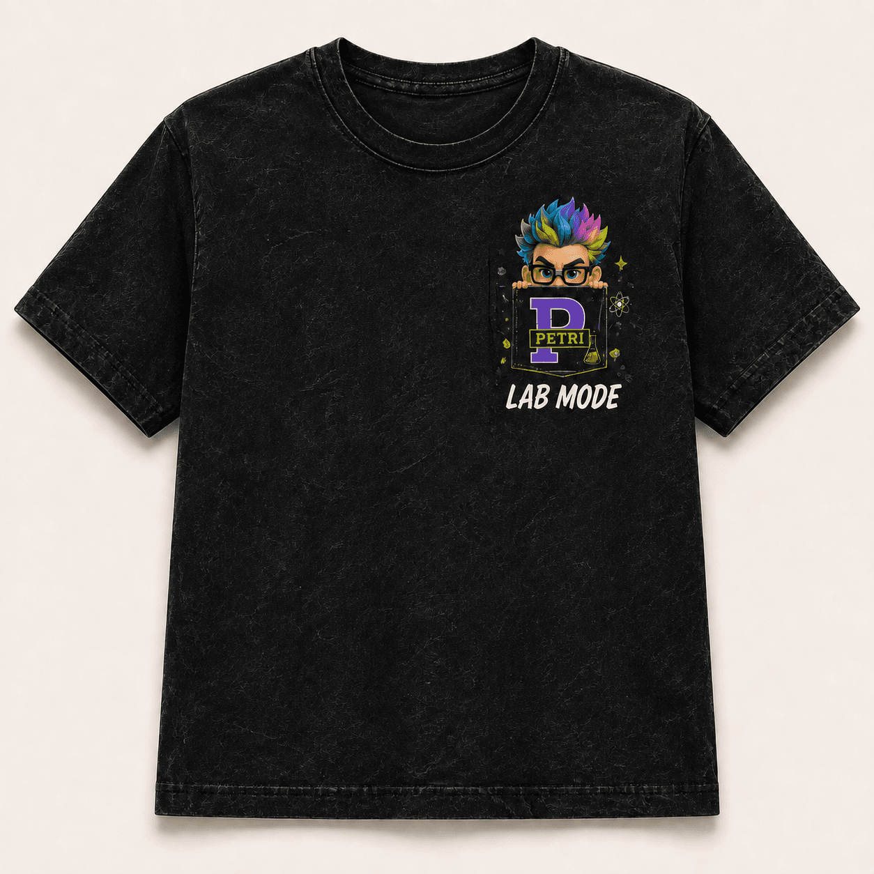 Washed black kids tee with a Petri pocket-style print and Lab Mode slogan