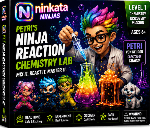 Petri's Ninja Reaction Chemistry Lab box with bubbling flasks and colour-changing reactions