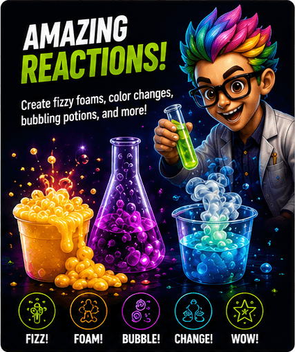 Fizzing, foaming reactions and colour changes in test tubes