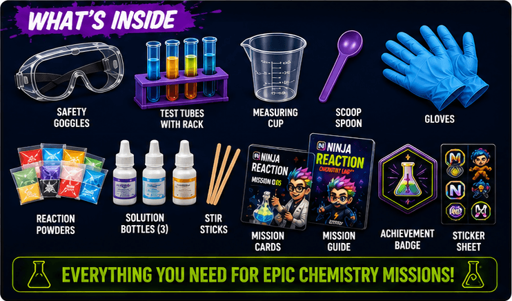 Chemistry Lab contents: safety goggles, test tubes with rack, measuring cup, scoop spoon, gloves, reaction powders, three solution bottles, stir sticks, mission cards, mission guide, achievement badge, sticker sheet