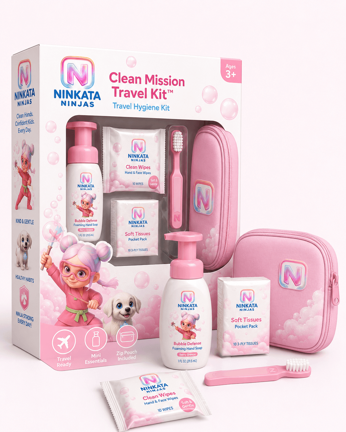 Clean Mission Travel Kit — portable hygiene kit with soap, wipes, tissues, toothbrush, and pouch