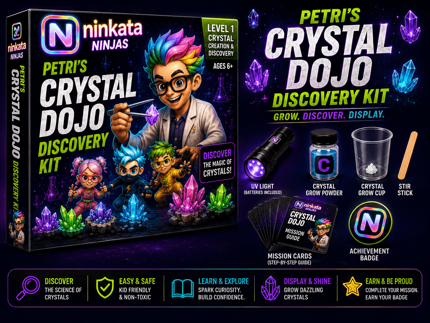 Petri's Crystal Dojo Discovery Kit box with UV light, crystal grow powder, grow cup, and glowing crystals