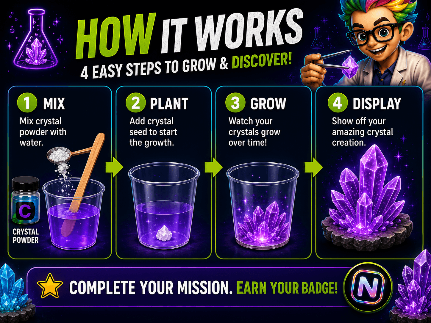 Four-step crystal mission: mix, plant, grow, display