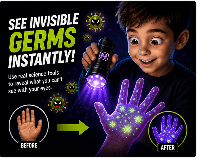 UV light revealing invisible germs on hands