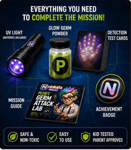 Kit contents: UV light, glow powder, test cards, mission guide, badge