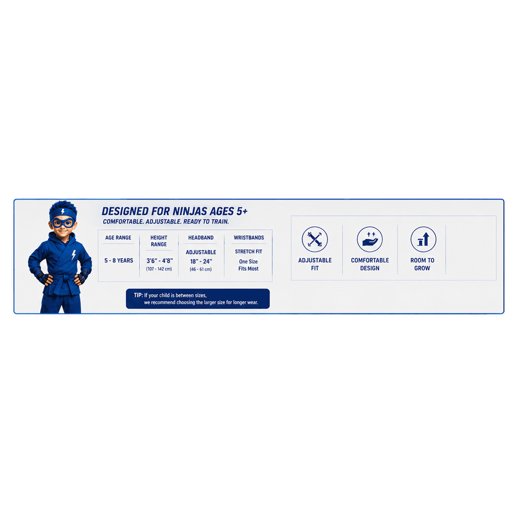 Kai kit size guide — designed for ninjas ages 5+