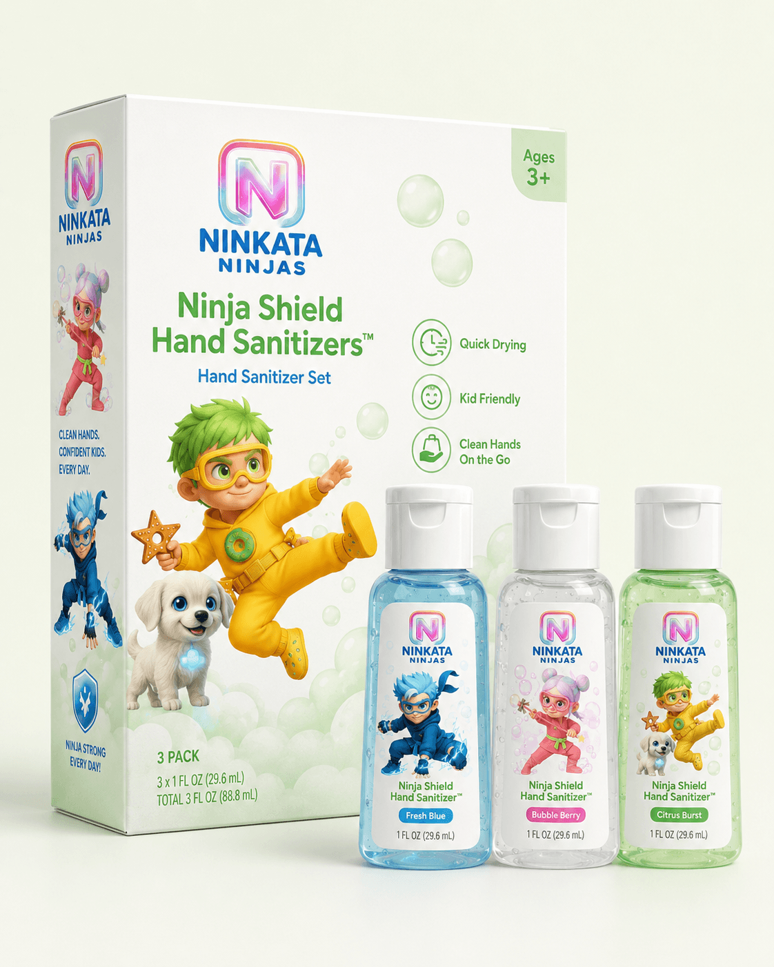 Ninja Shield Hand Sanitizers — 3-pack travel-size sanitizers with character bottles