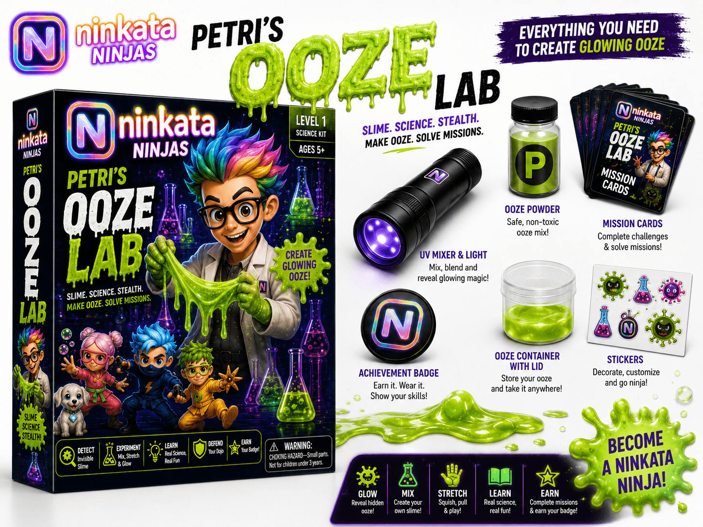 Petri's Ooze Lab kit box with UV mixer light, ooze powder, and glowing green slime