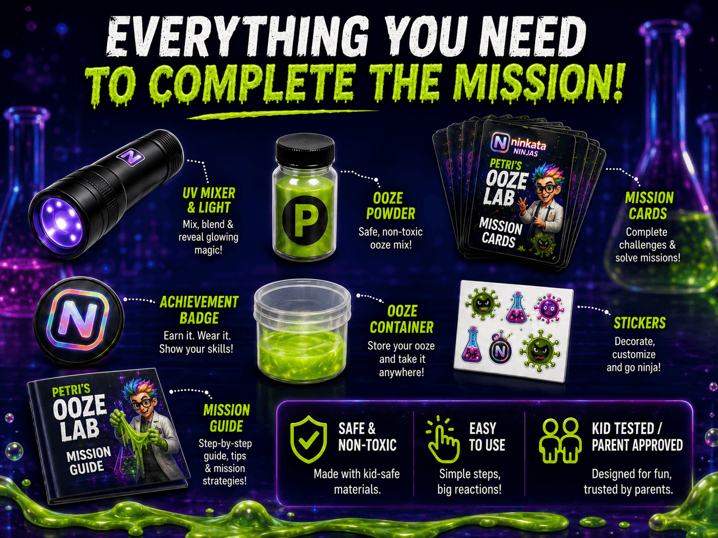 Ooze Lab contents: UV mixer and light, ooze powder, ooze container, mission cards, mission guide, achievement badge, sticker sheet