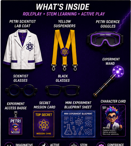 Petri experiment gear contents: lab coat, suspenders, goggles, glasses, badge