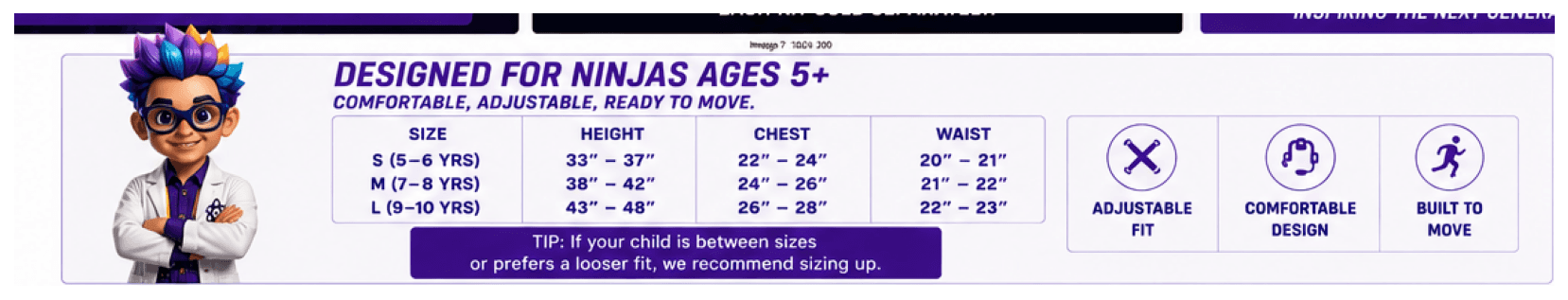 Petri gear size guide — designed for ninjas ages 5+