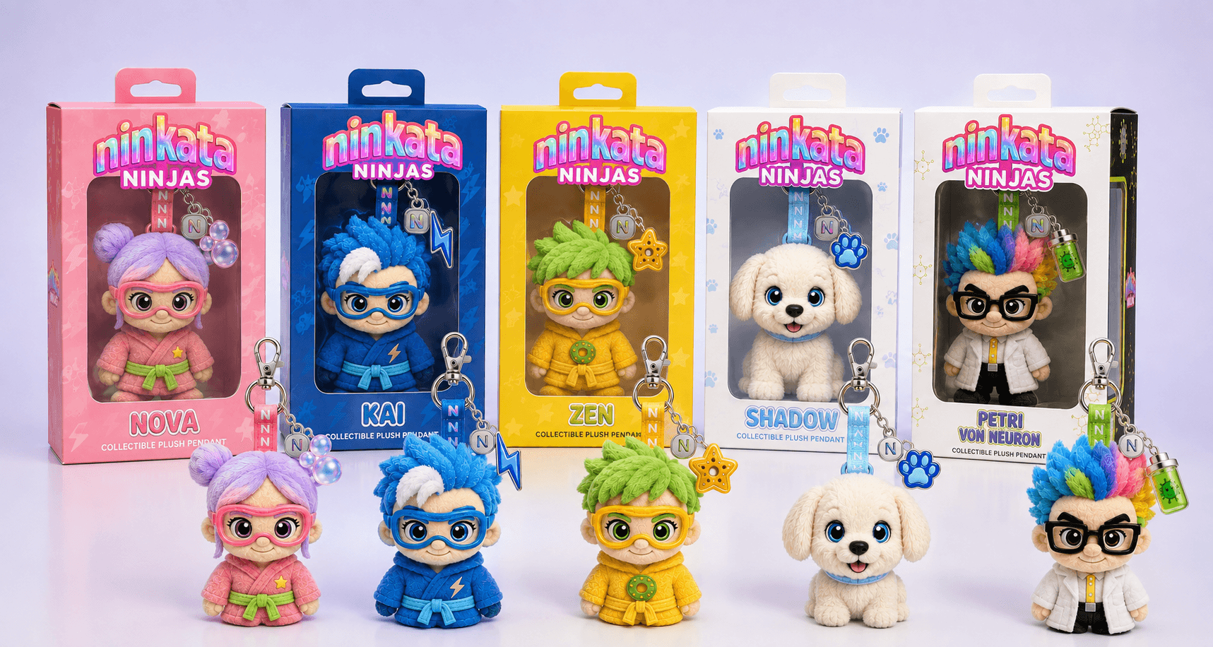 Ninkata plush pendant keychains for Nova, Kai, Zen, Shadow, and Petri, shown boxed and unboxed