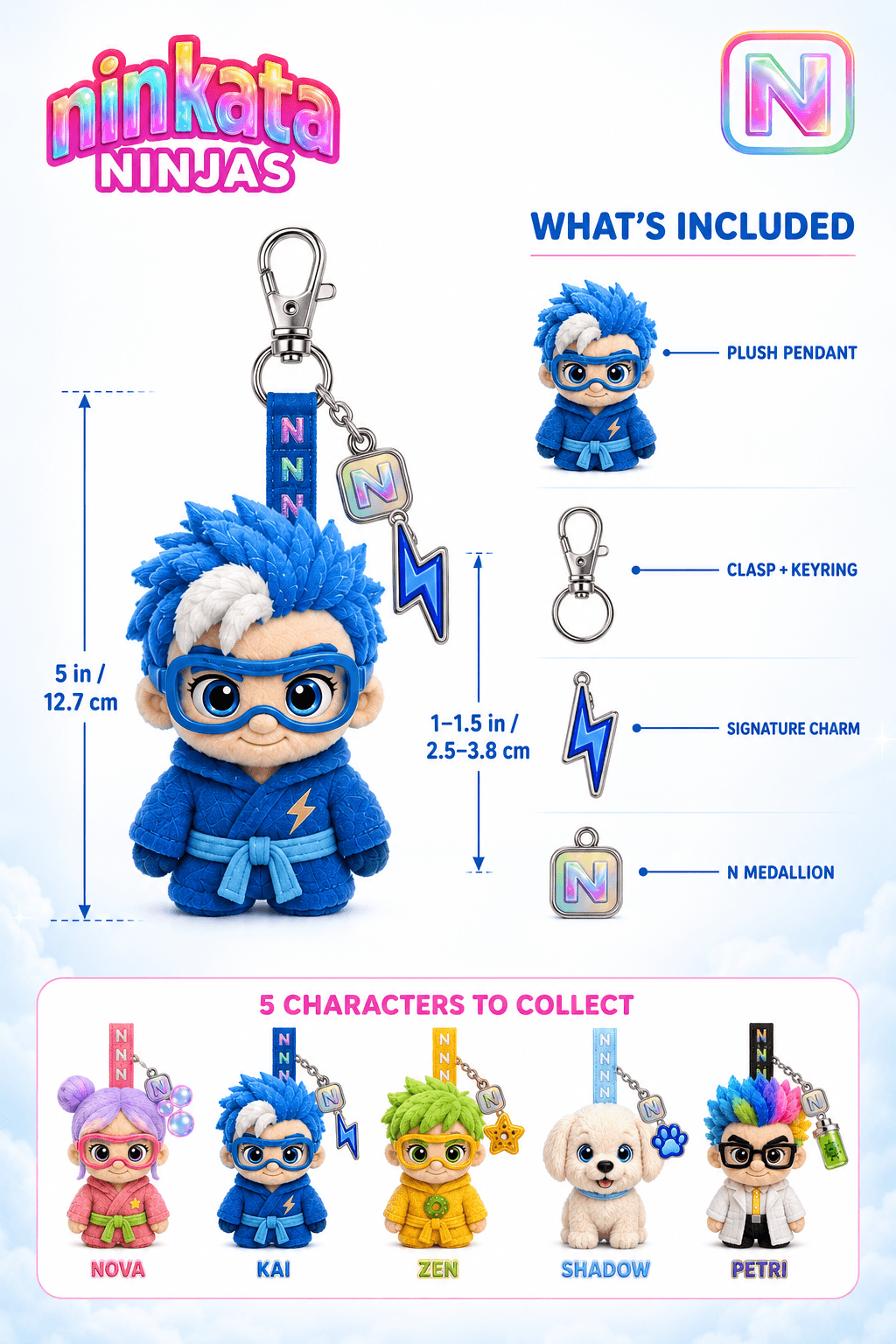 Size guide: 5 in / 12.7 cm plush pendant with clasp, keyring, signature charm, and N medallion, plus the five characters to collect