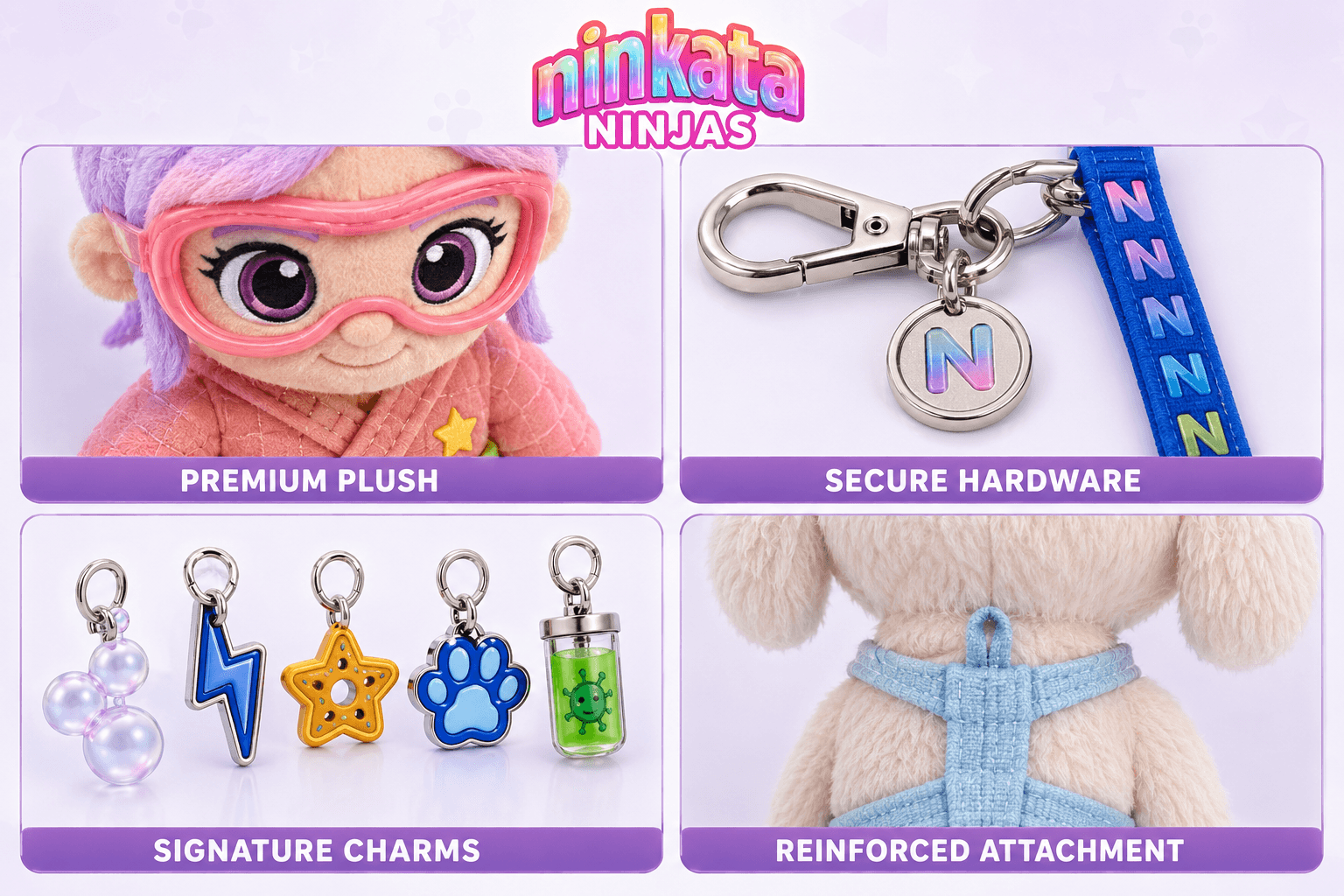 Close-ups of premium plush, secure hardware, the five signature charms, and the reinforced attachment point