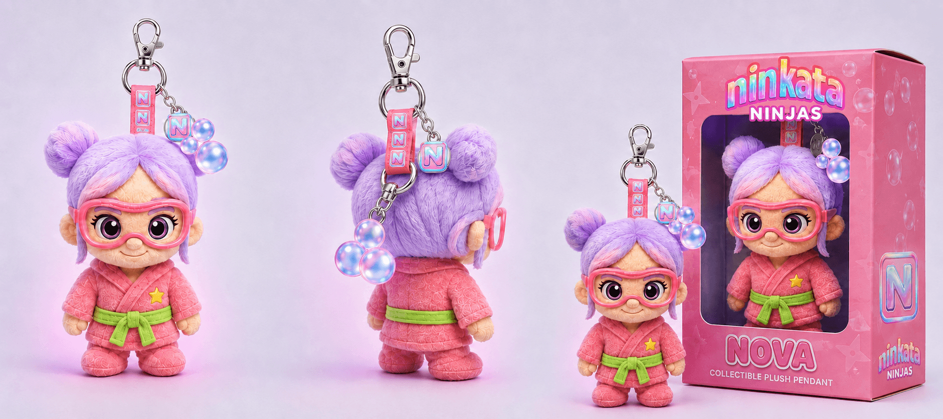 Nova plush pendant front and back with bubble charm and pink window box