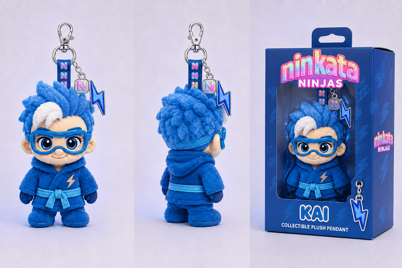 Kai plush pendant front and back with lightning bolt charm and blue window box