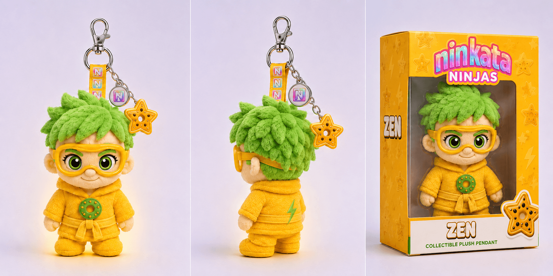 Zen plush pendant front and back with star charm and yellow window box