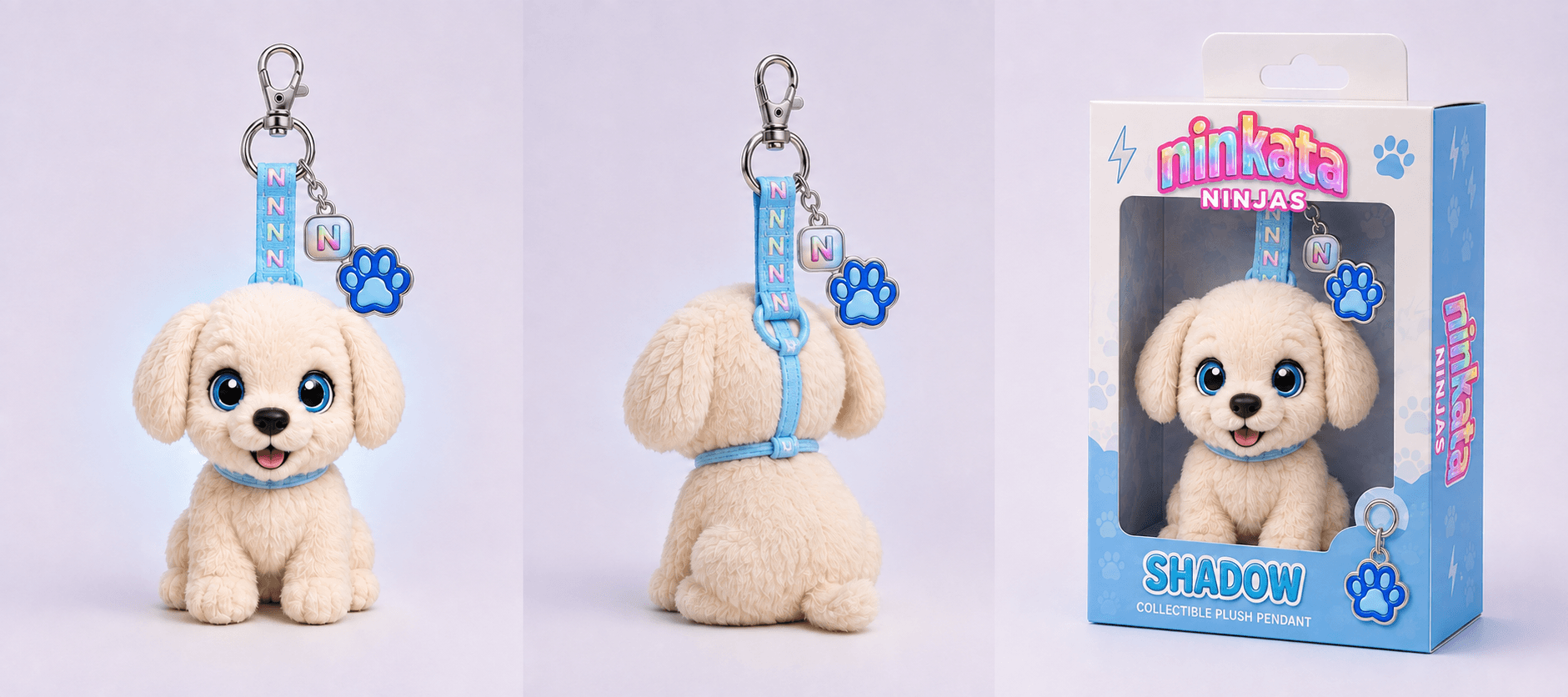 Shadow the puppy plush pendant front and back with paw print charm and blue window box