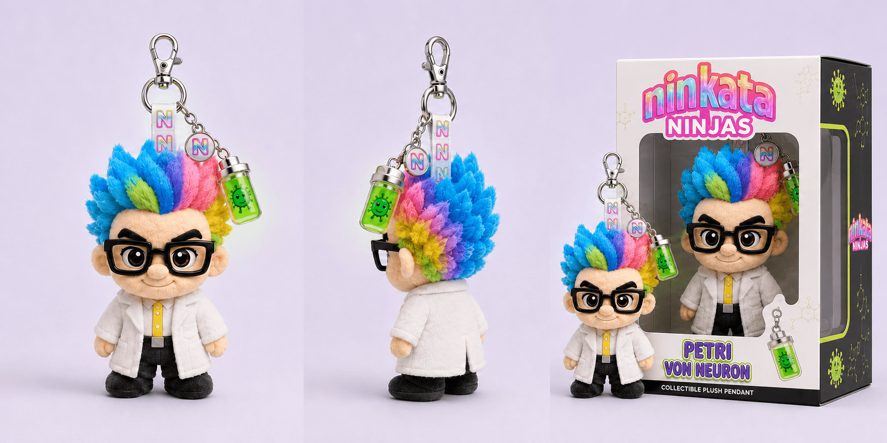 Petri Von Neuron plush pendant front and back with specimen jar charm and white window box