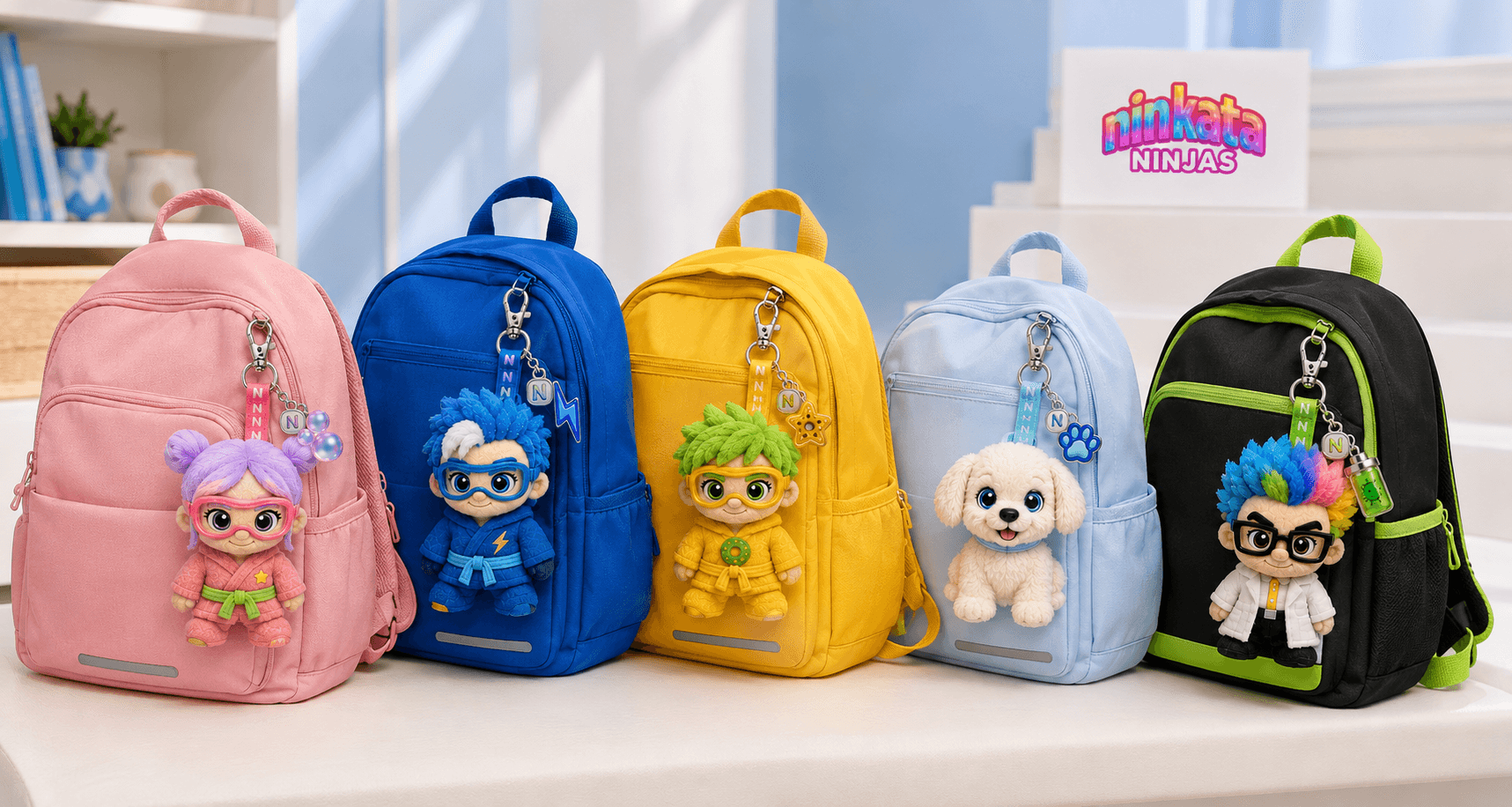 All five Ninkata plush pendants clipped onto kids backpacks