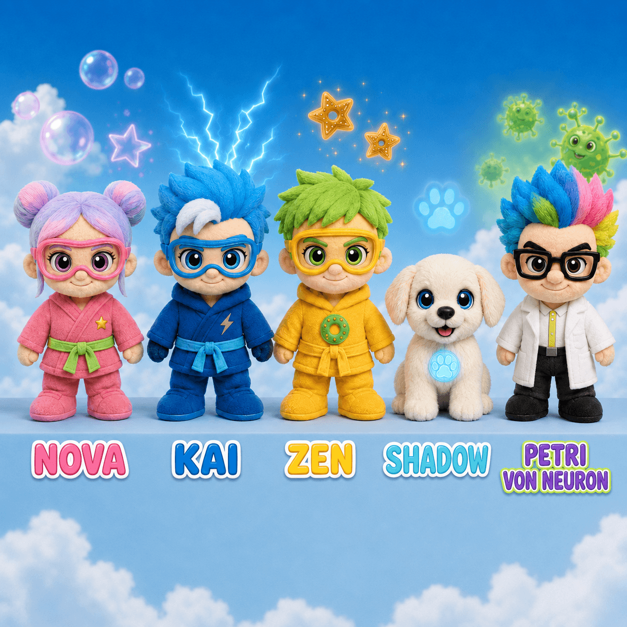 The five Power Pals plush characters lined up and named: Nova, Kai, Zen, Shadow, and Petri Von Neuron