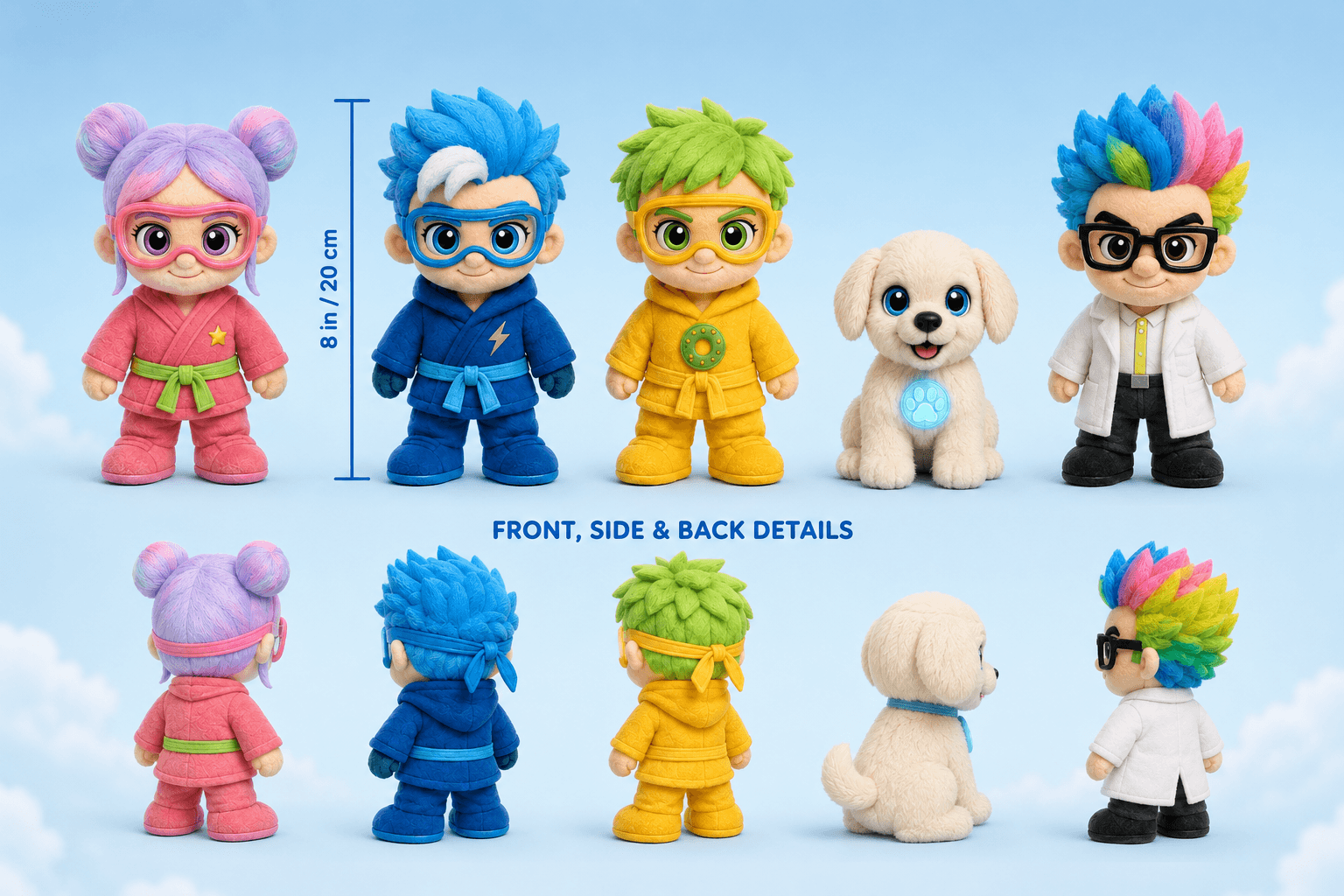 Size guide showing 8 in / 20 cm plush height, with front, side, and back views of all five characters