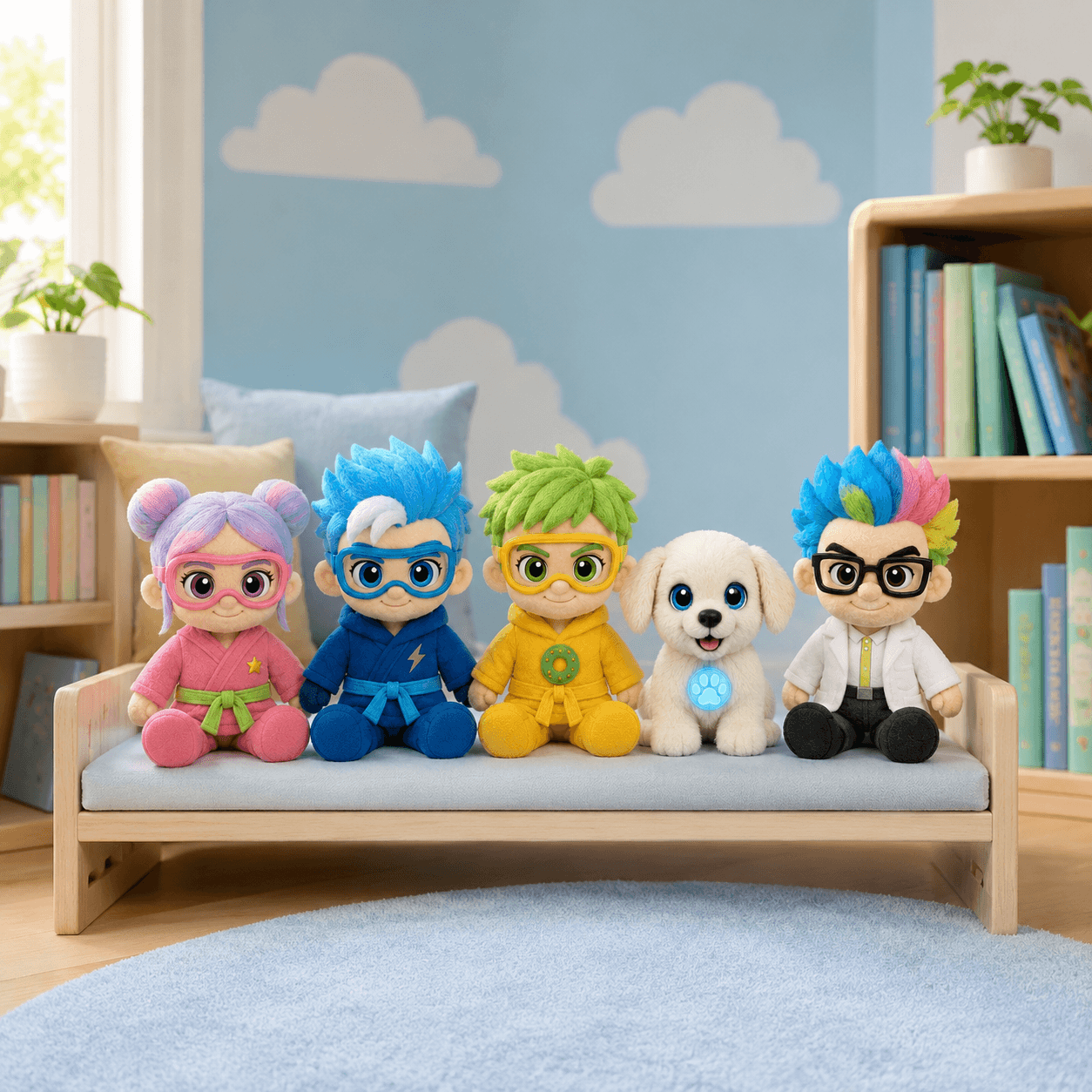 The five Power Pals plush sitting together on a bench in a kids bedroom