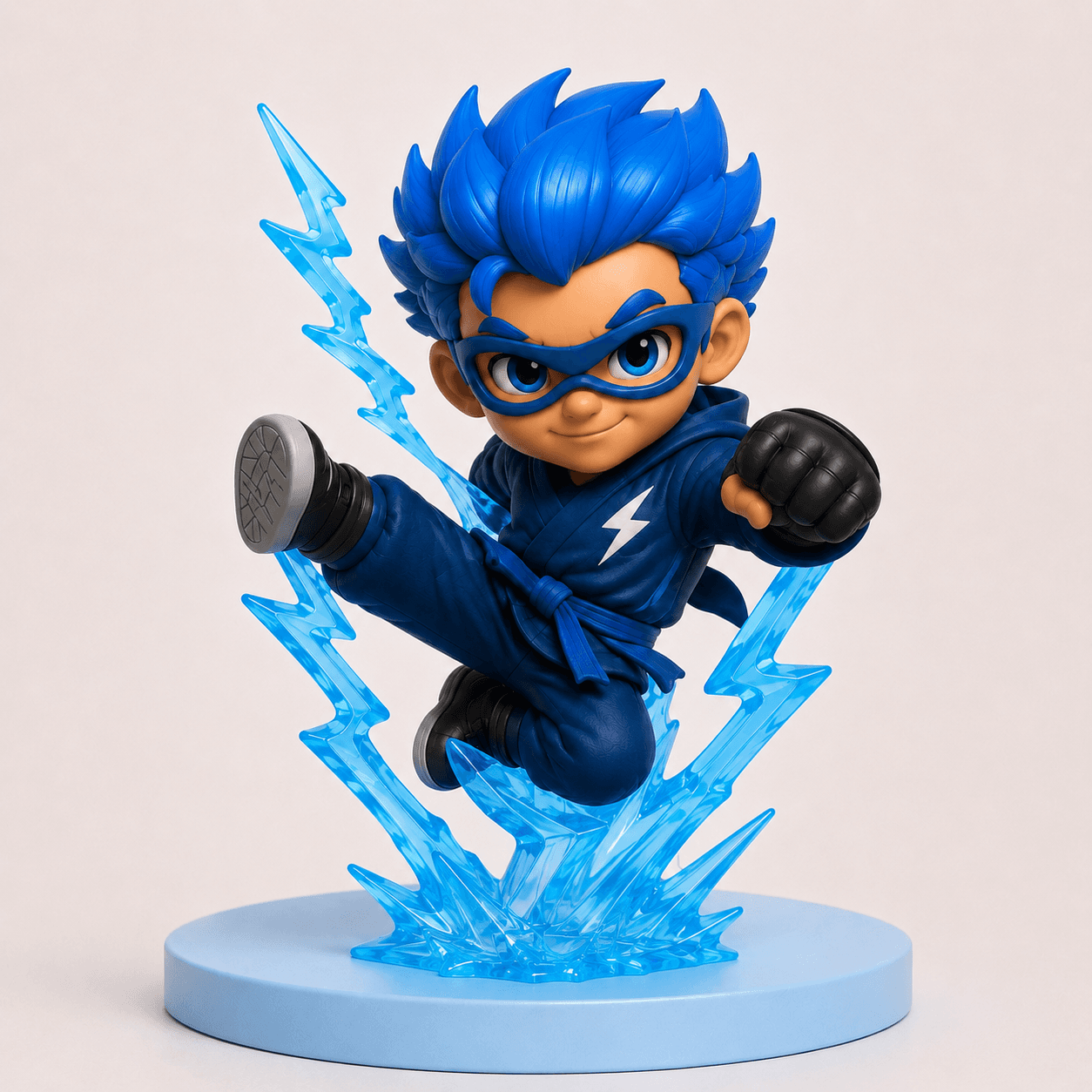 Kai vinyl figure mid-kick on a translucent blue lightning effect base
