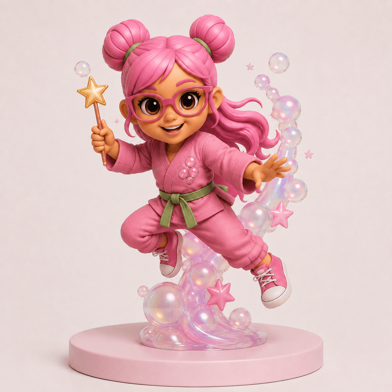 Nova vinyl figure with a star wand, leaping from a translucent bubble and star effect base