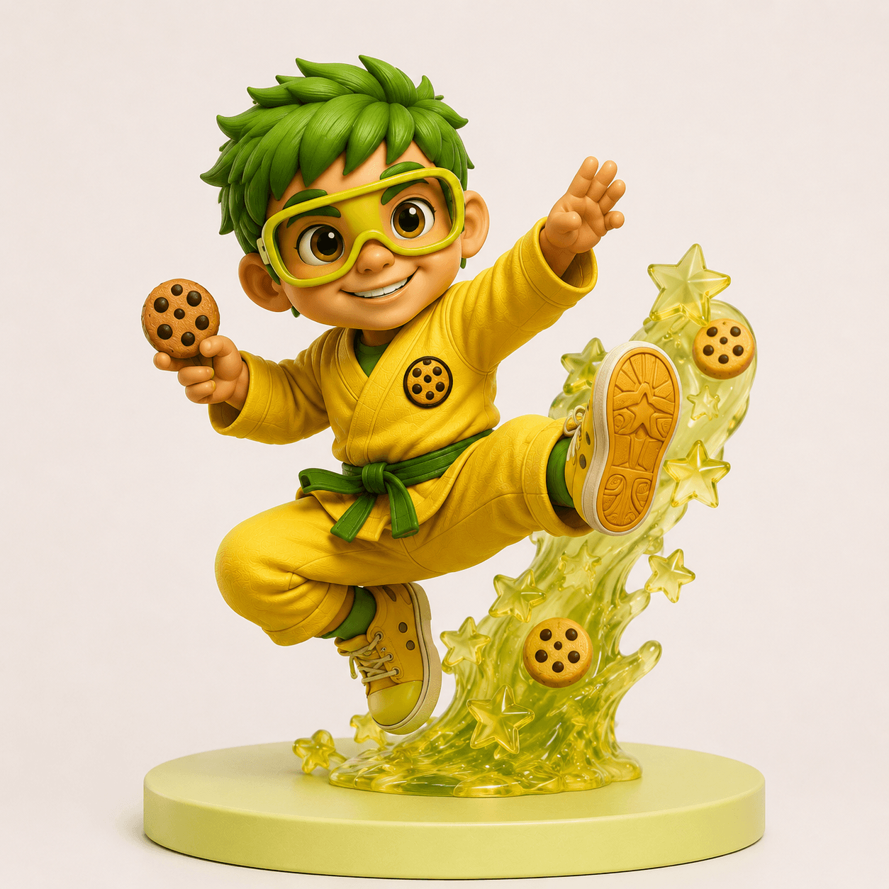 Zen vinyl figure holding a cookie, kicking off a translucent green wave with stars and cookies