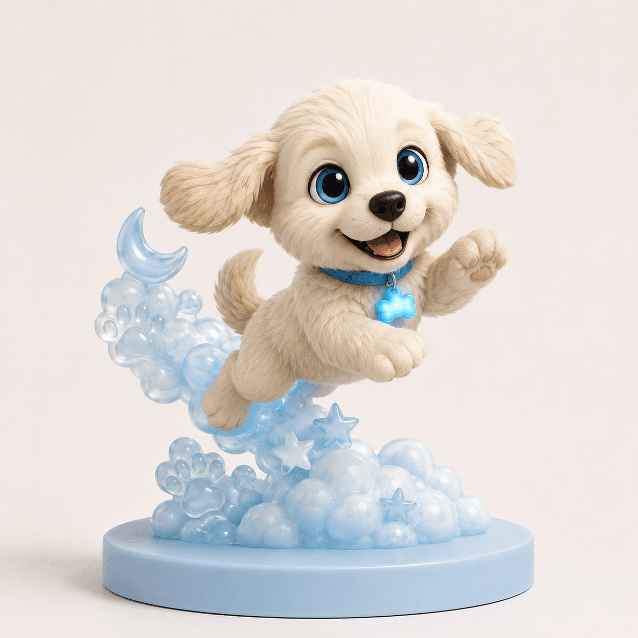 Shadow the puppy vinyl figure bounding over a translucent cloud, paw print, and crescent moon base