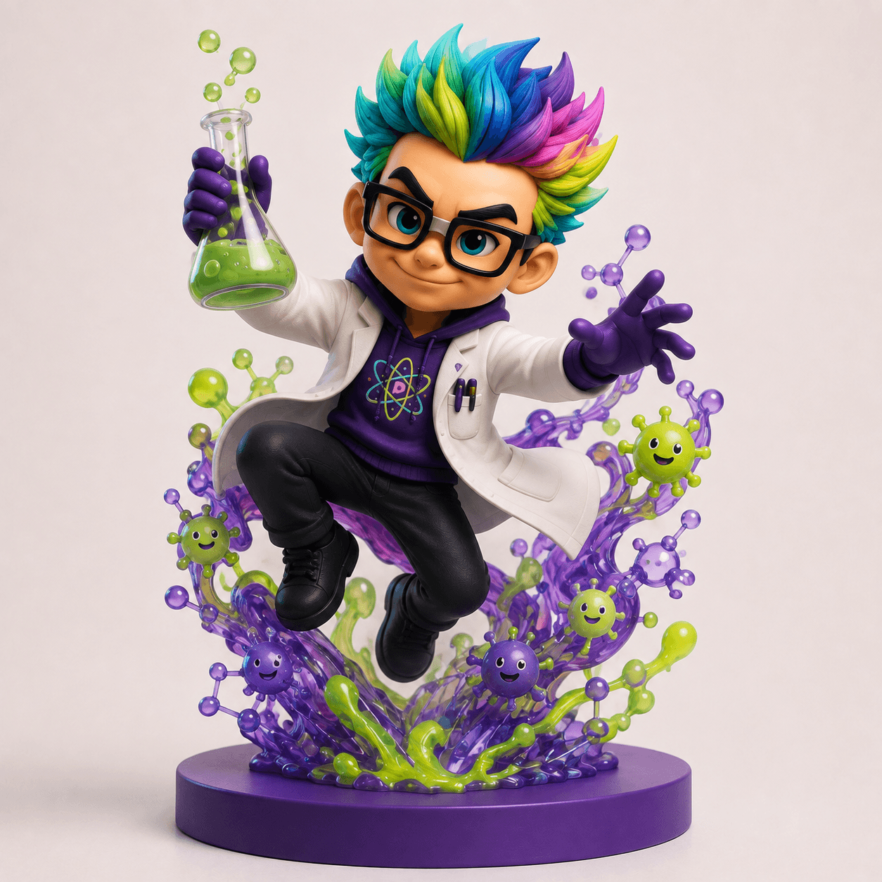 Petri Von Neuron vinyl figure holding a flask above a translucent purple and green molecule effect base
