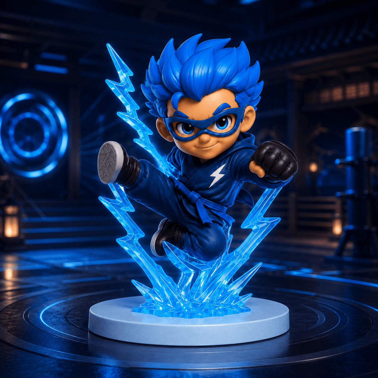 Kai vinyl figure displayed on a lit dojo set