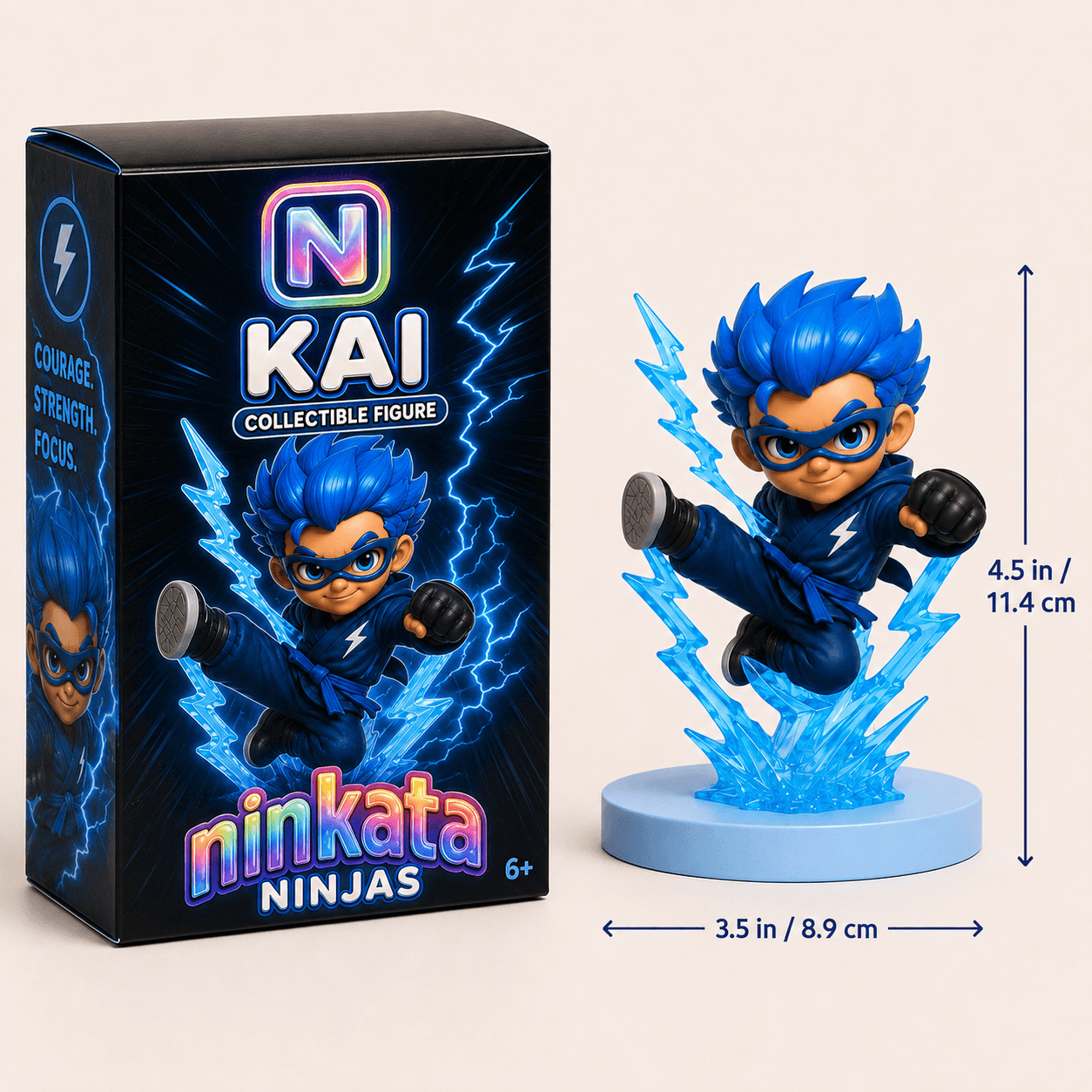 Kai collectible figure box beside the figure with size callouts of 4.5 in / 11.4 cm tall and a 3.5 in / 8.9 cm base